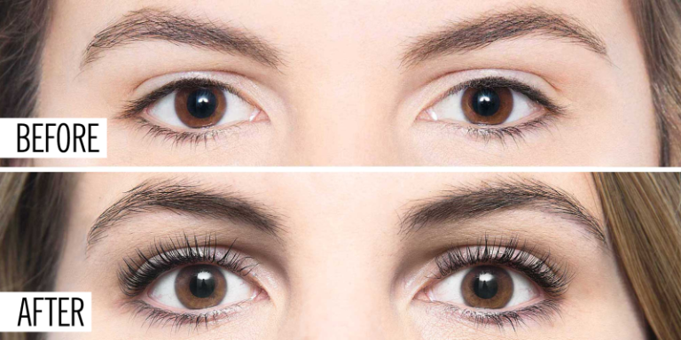Before and after eyelash enhancement comparison.